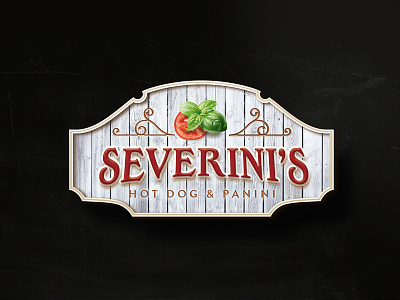 Severini's Logo basel branding design food hotdog realistic restaurant skeuomorphism tomato vegetable wine wood