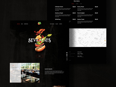 Severini's - Desktop Website avocado basil bradning dark dark theme dark ui design falling food gravitiy hotdog map menu restaurant tomatoe ui ux
