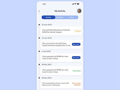 My activity activity feeds medical app medical bill my activity payment payment activity timeline