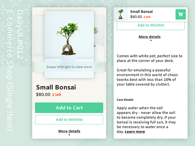 DailyUI 012 E Commerce Item dailyui e commerce green item light minimalist mobile nature plant shop simple ui