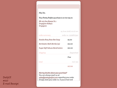 DailyUI 017 Email Receipt ecommerce italics marketing mobile order pink pretty purchase sales simple slab