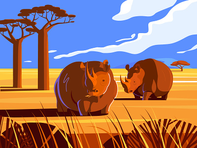 Grazing rhinoceros 动物 插图 生物 矢量 草原 风景