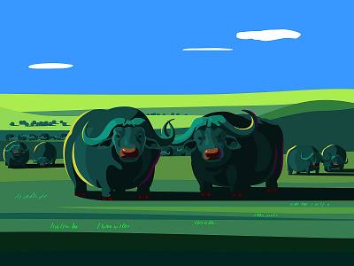 African buffalo 动物 插图 生物 矢量 草原 风景