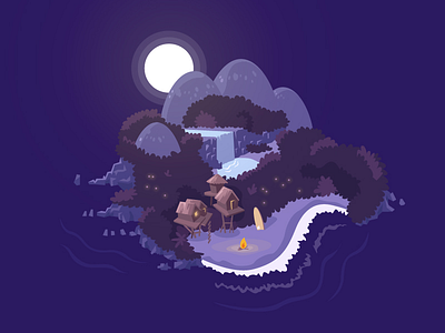 Tiny Island beach campfire hawaii hut illustration island jungle moonlight night ocean paradise surf tiny island tiny places tropical vacation village waterfall