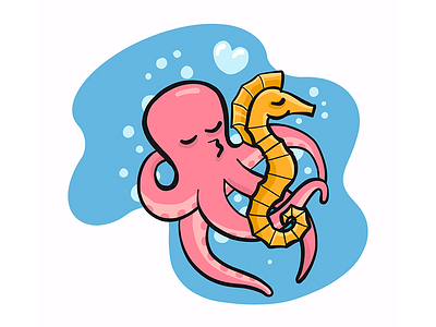 Lovers freehand illustration ipad pro octopus procreate sea seahorse silly