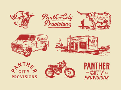 Panther Cirty Provisions adobe badge brand identity branding design graphic design identity illustration logo motorcycle panther texas typography van vector western