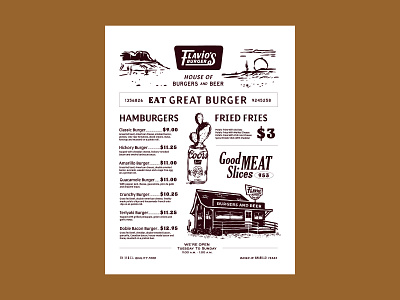 Flavio's Burger Menu adobe badge beer brand identity branding burger coors design graphic design illustration logo menu restaurant texas vector western