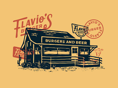 Flavio's Burger adobe badge beer branding burger classic country design illustration logo menu packaging restaurant texas western