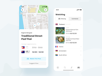 Travel Buddi - Pay like a local overseas accordion blue clean details ios map mapbox menu minimal mobile app travel ui ux