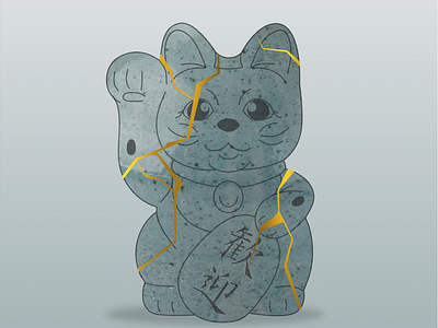 Kintsugi maneki neko cat gold illustration japanese