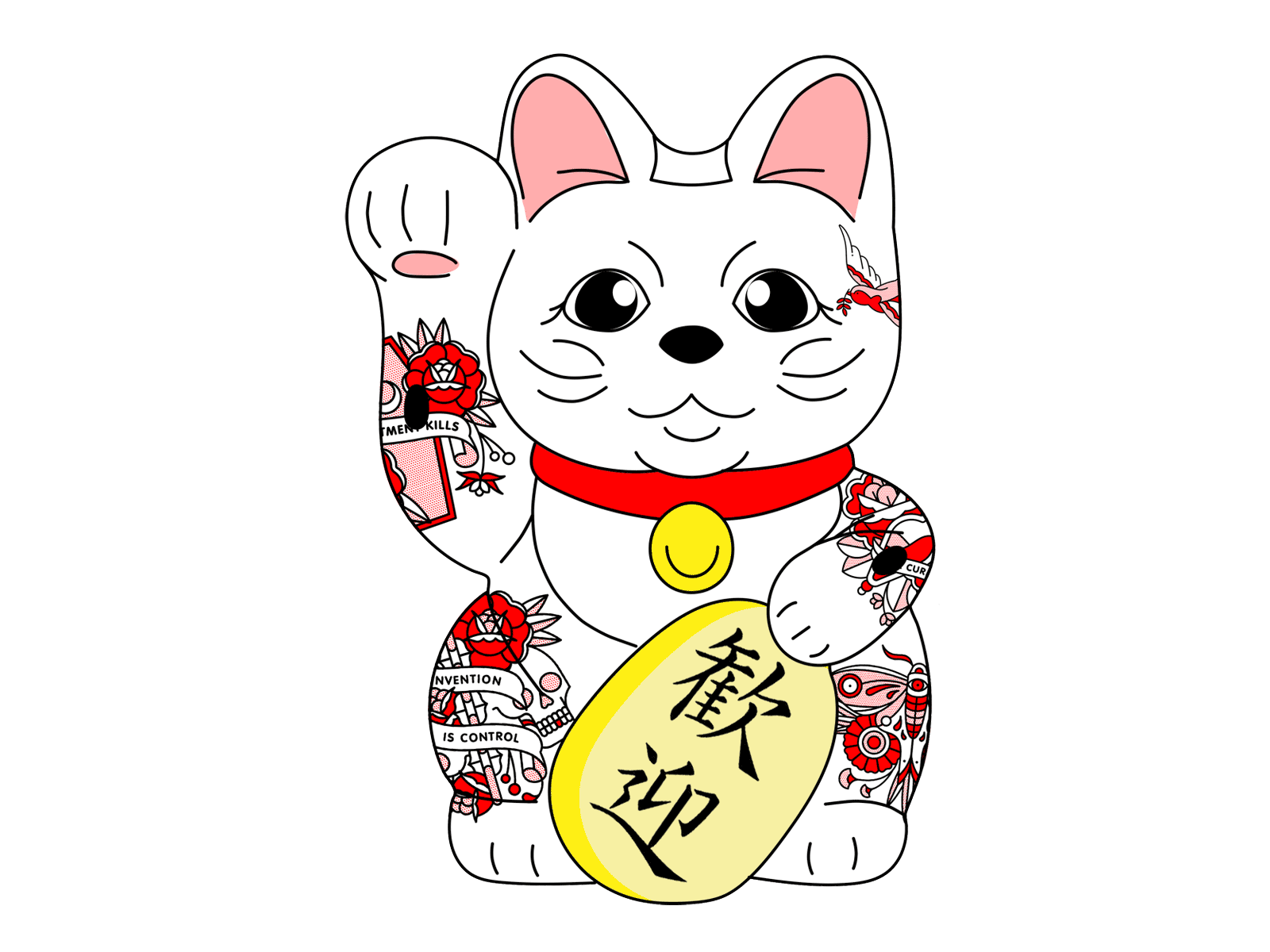 Tattooed Maneki Neko animated gif animation cat gif illustration japanese japanese art maneki neko manekineko skeleton tattoo