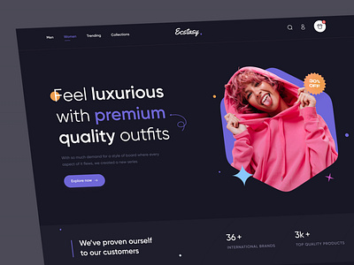 Ecastacy - Fashion Landing Page - Dark 3d app application branding brands clothes dark design fashion flat illustration landing landing page logo minimal style ui website website ui