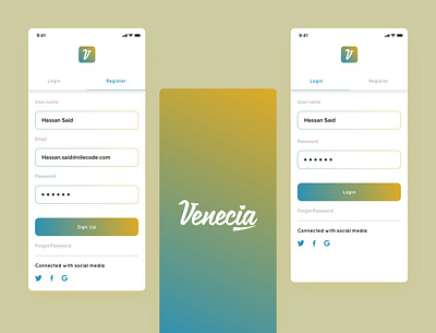 Venecia app | Registration Process app design flat illustration logo minimal mobile app mobile ui mockup typography ui ux ux process