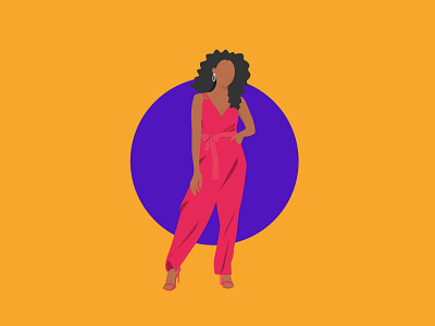 black hair girl standing with a pink jumpsuit with bright yellow background branding confident design flat girl illustration people people illustration powerful vector woman