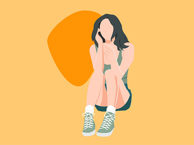 girl sitting on the floor with bright orange background