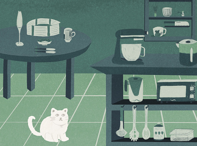 green flat illustration cat and kitchen appliance cat design flat green illustration kitchen procreate