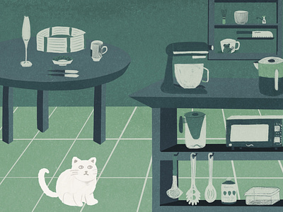 green flat illustration cat and kitchen appliance