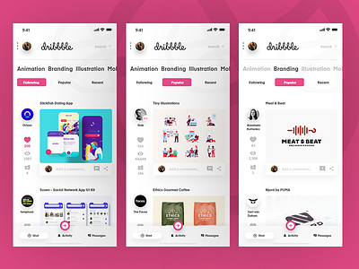 dribbble redesign animated animation app design dribbble mobile mobile app mobile app design mobile design mobile ui redesign redesign concept ui