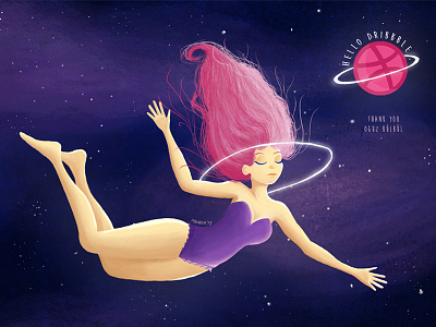 Hello Dribbble! blue dribbble first girl hello illustration pink planet shot space star thanks