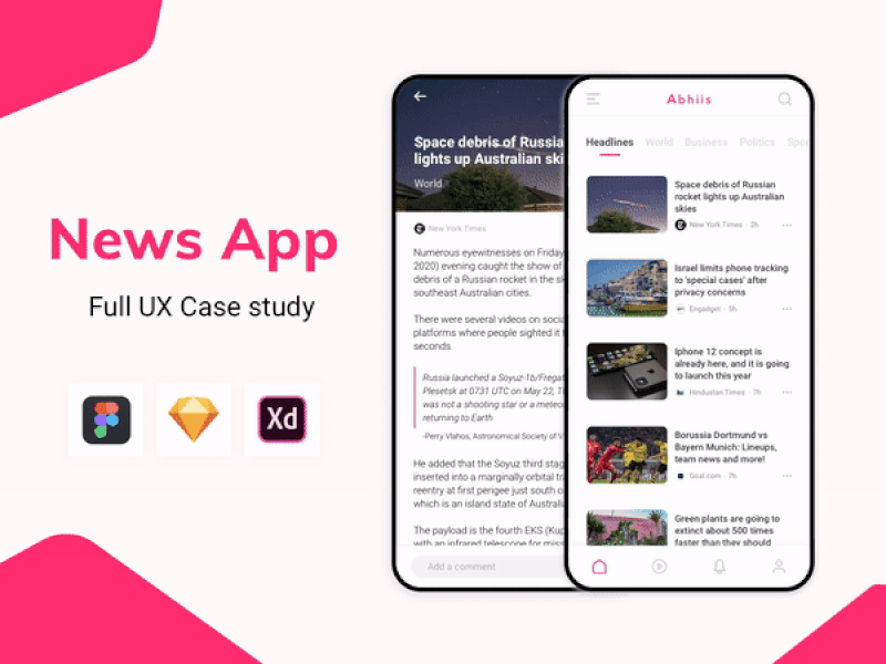 News App UX Case Study animation animations app dailyui dark mode design mobile news news app ui uidesign uiux ux visuals