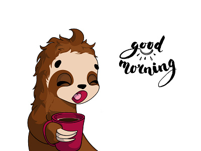 Good morning animal cartoon character coffee morning sloth vector