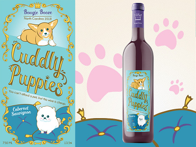 Bougie Booze - Cuddly Puppies bougie booze corgi cuddly puppies design dogs graphic design illustrator label packaging packaging design puppies wine label