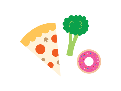 One of These Things is Not Like the Other broccoli donut flat food illustration pizza