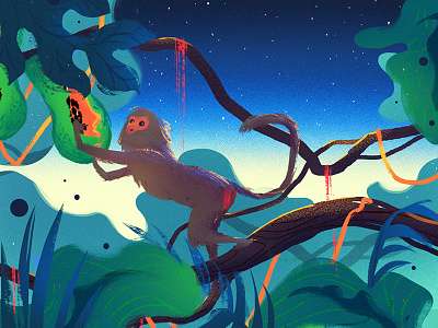 Monkeyprint illustration jungle monkey nature night papaya print
