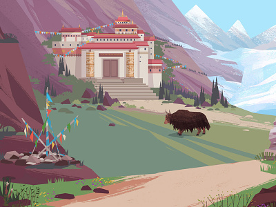 Tibetan temple asia buffalo illustration mountains ovoo temple tibet