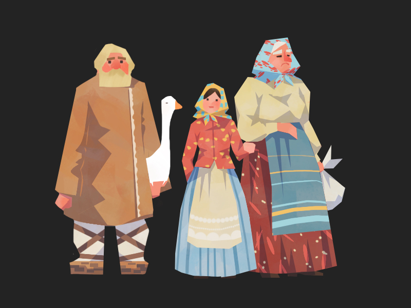 Characters from early XX century babushka beard man character girl goose illustration peasants