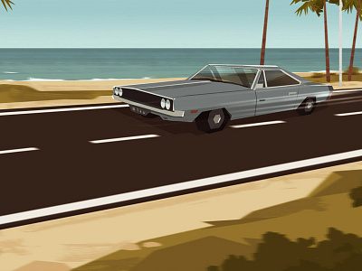 Miami beach 70s beach car dodge illustration mafia miami road