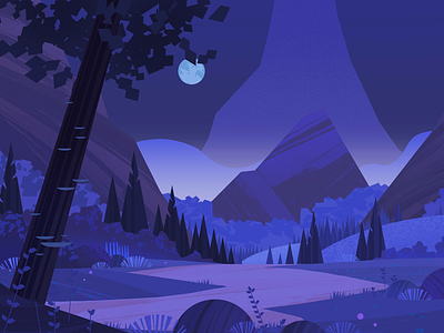 Night landscape forest illustration landscape moon mountains nature
