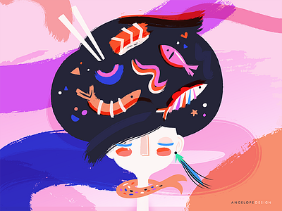 Sushi Dreams brush brushes chopsticks color colorful dreaming dreams fish hair illustration sushi swirl texture whimsical