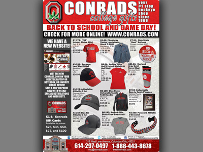 Conrads College Gifts Buckeye Sports Bulletin Spread ad adobe business catalog design layout page photoshop spread