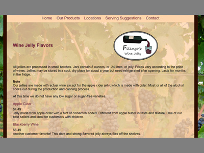Filingo's Wine Jelly Products Page branding business css css3 design html logo small web