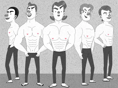 Muscular character design group illustration illustrator masculine men muscle muscular shirtless texture vector