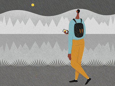 Live in the Moment alone character design dark illustration illustrator moon night phone raining texture vector walking