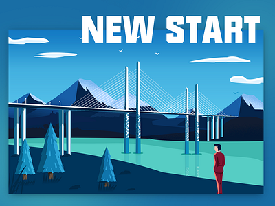 New Start blue bridge illustration mountian scenery