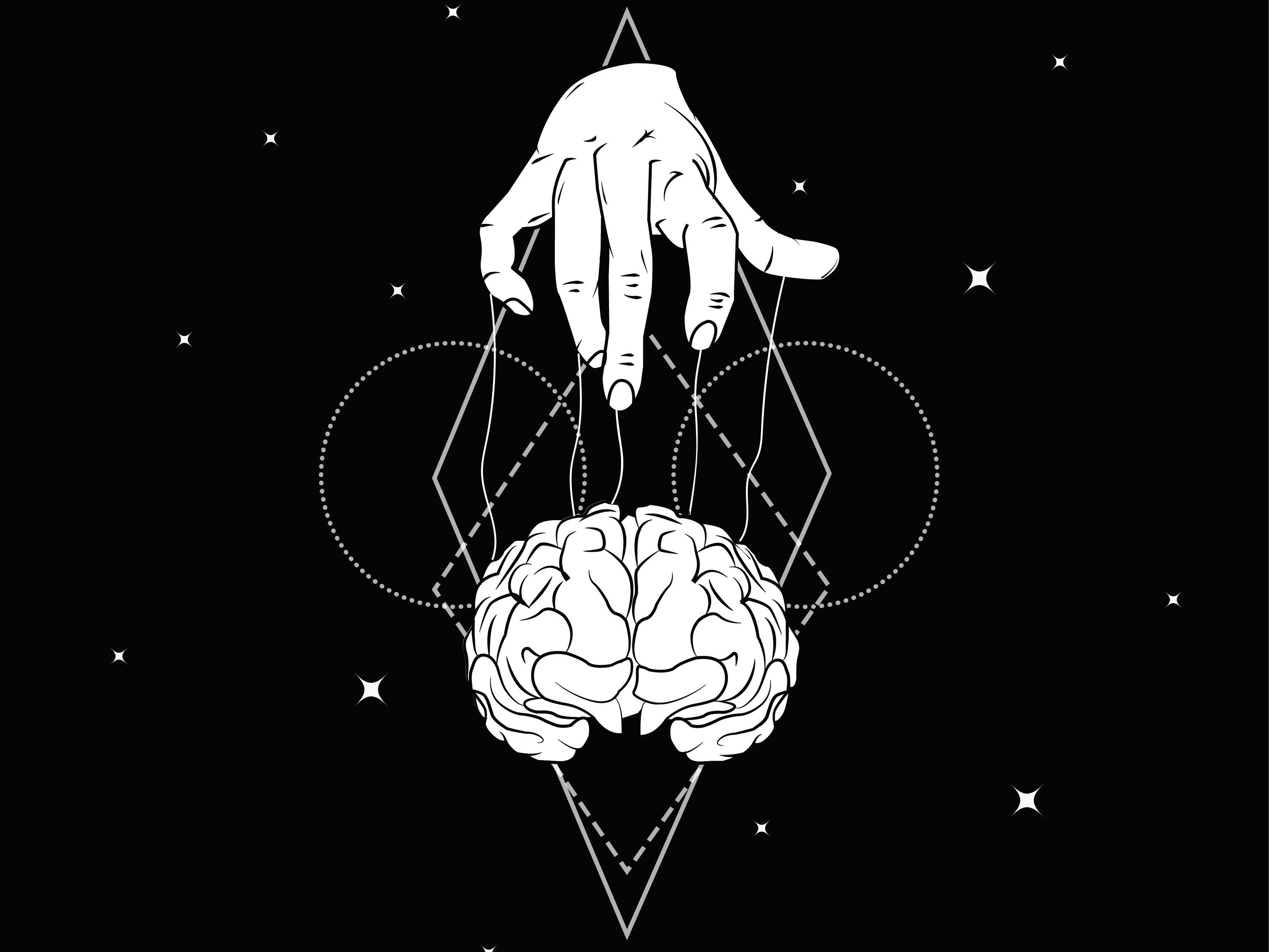  The image is of a hand with strings attached to a brain, with the caption 'Techniques and methods of mind control and suggestion'.
