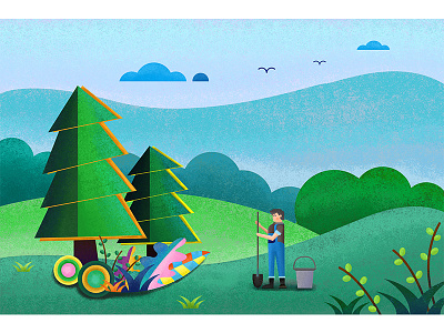 Planting trees character desing farmer forests illustration mountain scenery spring trees