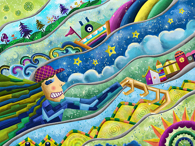 Looking out for another art direction boat character desing colours hands house illustration mountain rainbow star