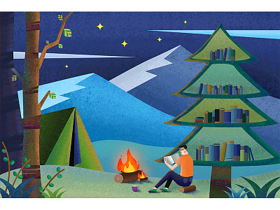 Read At Night bonfire book character desing forest illustration night painting read