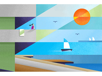 The boundless sea balcony character desing girl holiday illustration painting sailboats sea travel wharf