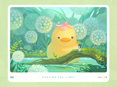 Chasing the light cute design duck fantasy flower girl healing illustration nature river tree