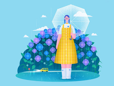 The girls05 april car character design flower girl hydrangea illustration procreate rainy umbrella