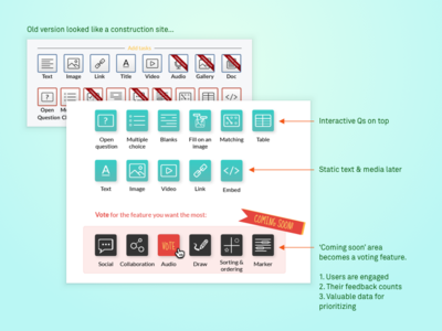 Votes instead of 'coming soon' branding builder feedback gamification hierarchy priority product transparency ui ux visual design votes web app