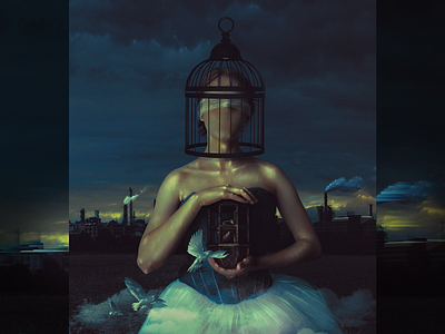 Rebel art blue blue and yellow body cage canvas cloud colors design digitalart dove dribbble fantasy girl manipulation painting photomanipulation sky surreal yellow