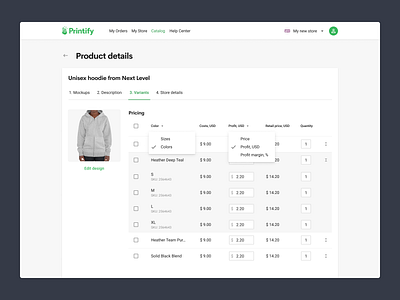 Setup your product price with ease checkbox costs dropdown input fields price setup price table prices print on demand quantity table tabs