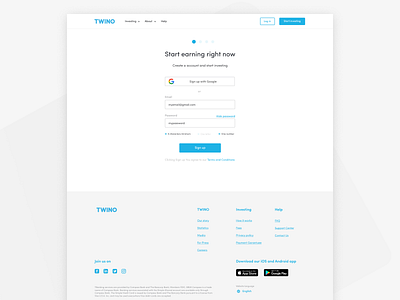 Sign Up page of Twino desktop fintech google sign in p2p password validation sign up sign up page twino ui ux