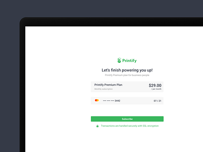 Printify Premium Plan Payment screen credit card credit card checkout credit card form desktop finance print on demand printify subscribe subscribe form